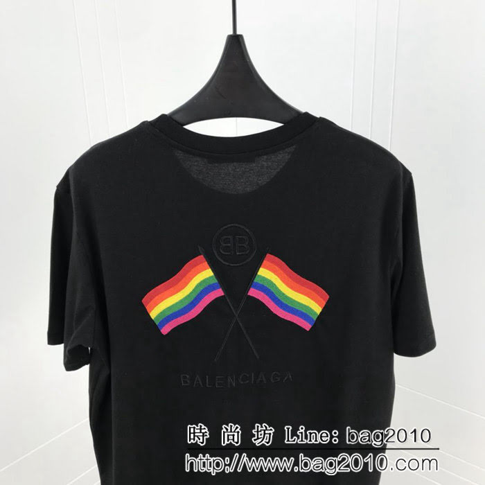 BALENCIAGA巴黎世家  19早春新款 刺繡彩旗 純棉男款黑色短袖 ydi1765